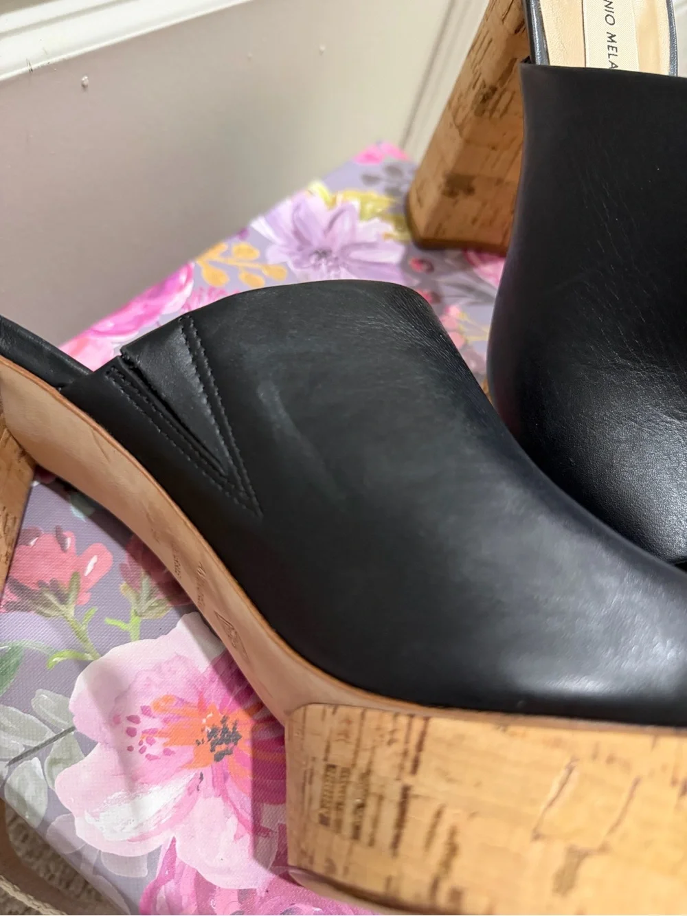 ANTONIO MELANI Black Leather Cork Platform Mule Slides